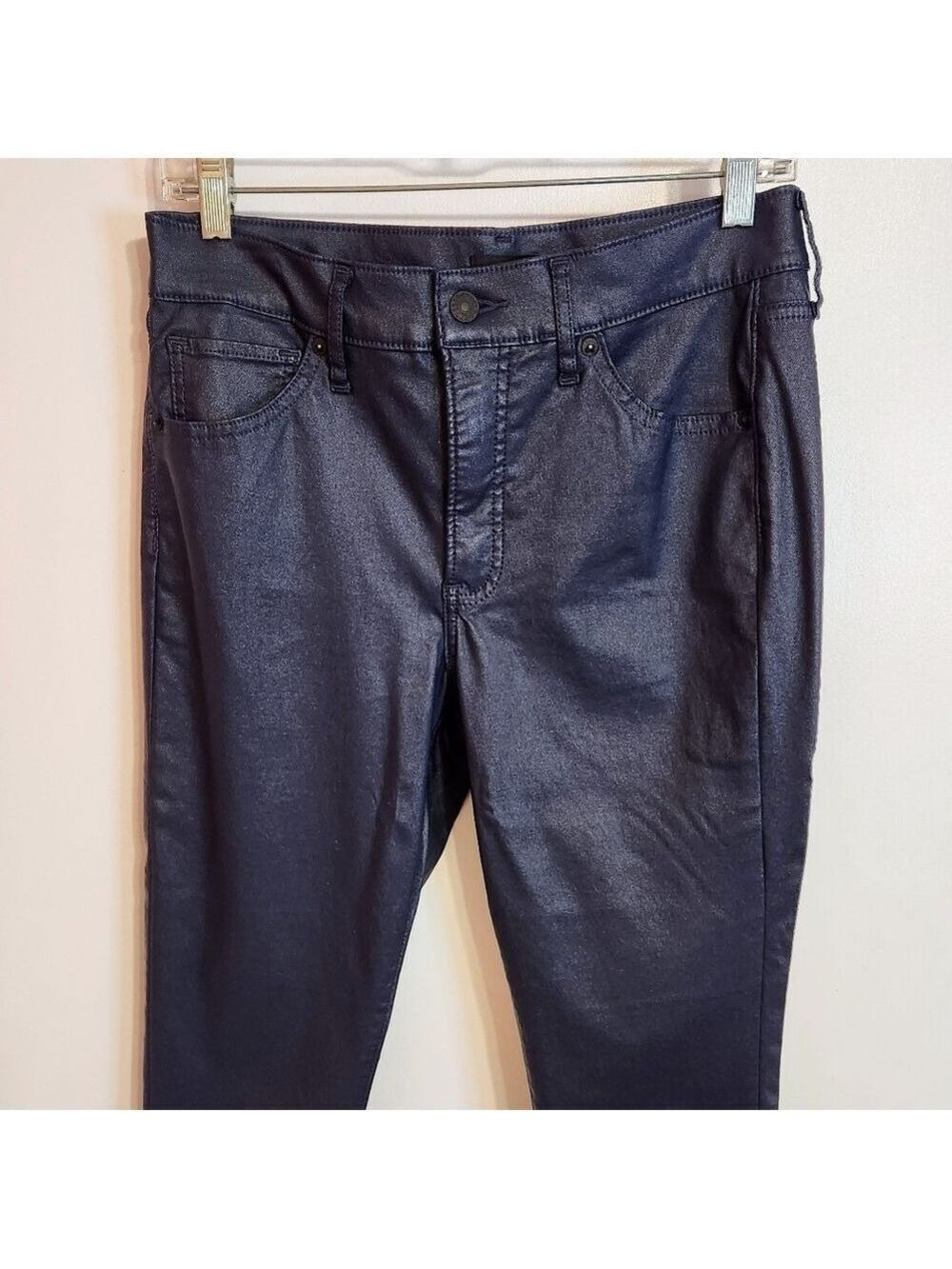 Express Blue Shimmer Coated Denim Skinny Pants Size 8 Regular - Picture 2 of 9
